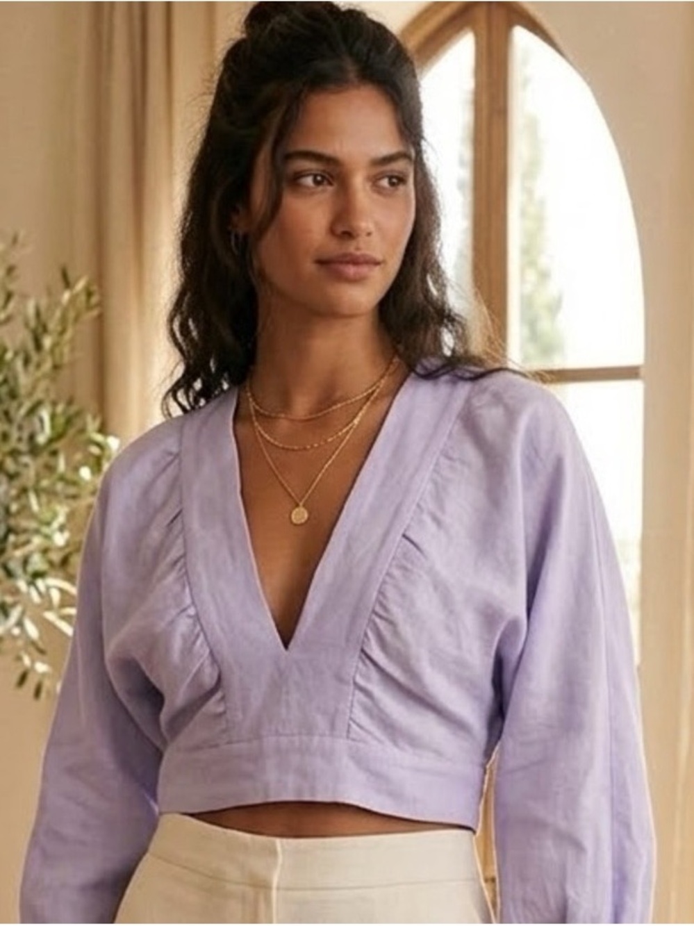 Linen-Blend Lavender V-Neck Cropped Top